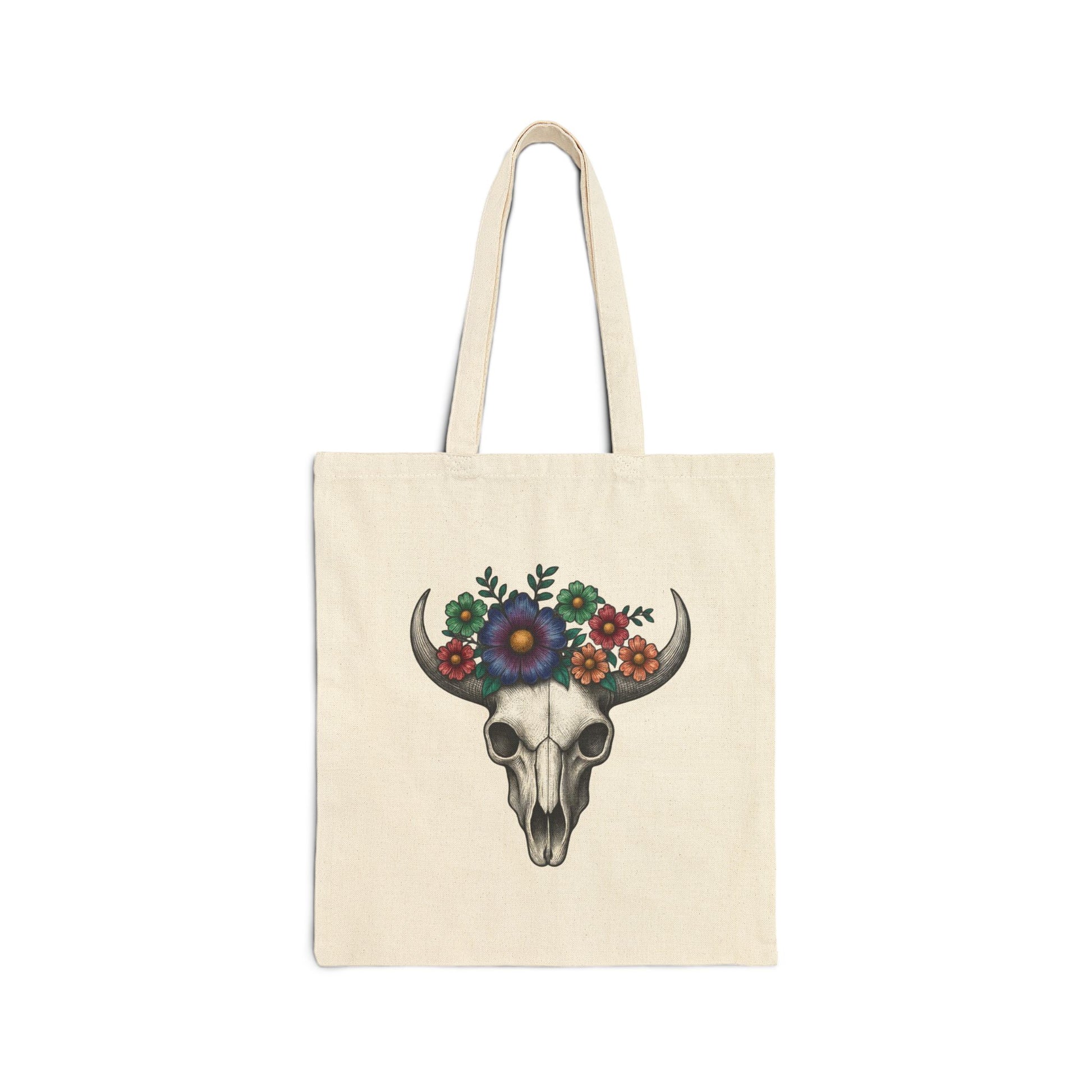 Floral Bull Skull Canvas Tote Bag | Western Boho Market Bag Printify