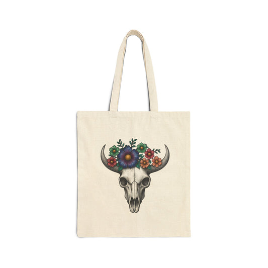 Floral Bull Skull Canvas Tote Bag | Western Boho Market Bag Printify