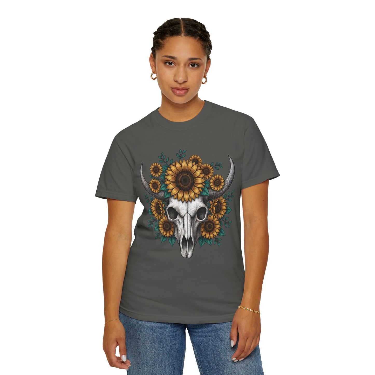 Sunflower Bull Skull Comfort Colors Tee | Western Boho Graphic Shirt Printify
