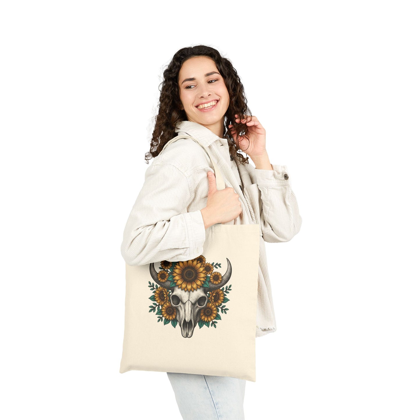 Sunflower Bull Skull Tote Bag – Western Boho Canvas Tote, Rustic Sunflower Skull Market Bag, Country Style Cotton Tote Printify