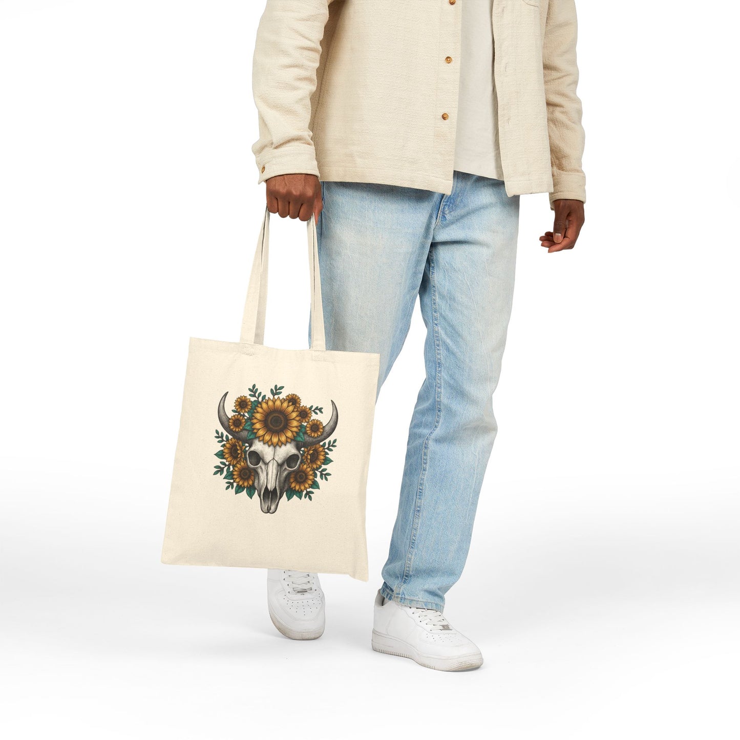 Sunflower Bull Skull Tote Bag – Western Boho Canvas Tote, Rustic Sunflower Skull Market Bag, Country Style Cotton Tote Printify