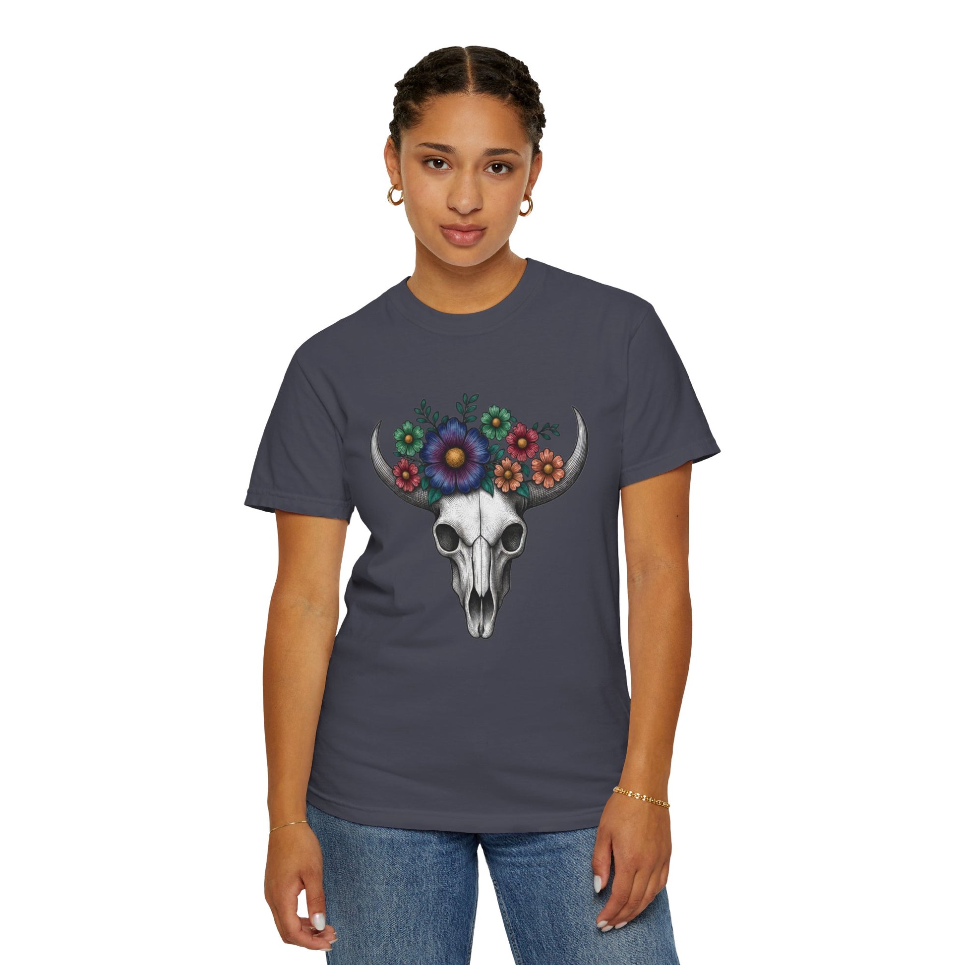 Floral Bull Skull Comfort Colors Tee | Western Boho Graphic Shir Printify