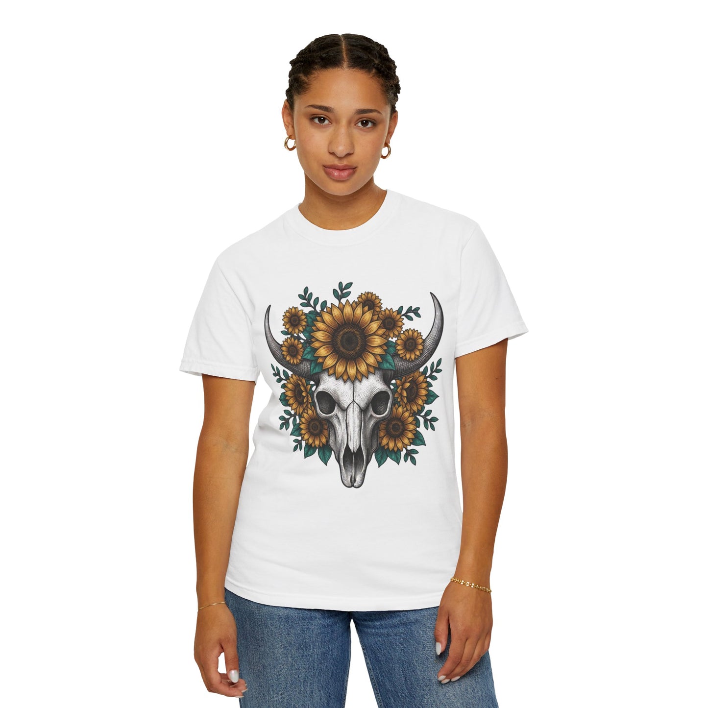 Sunflower Bull Skull Comfort Colors Tee | Western Boho Graphic Shirt Printify