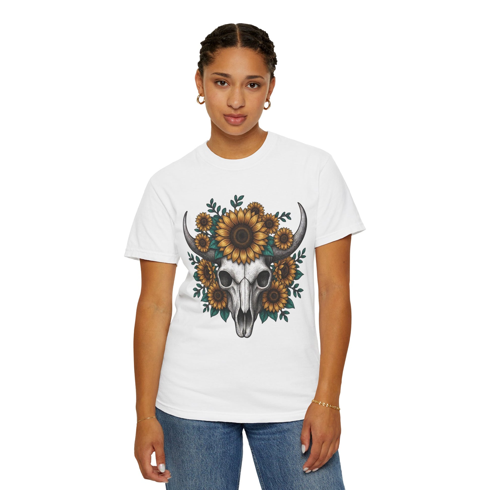 Sunflower Bull Skull Comfort Colors Tee | Western Boho Graphic Shirt Printify