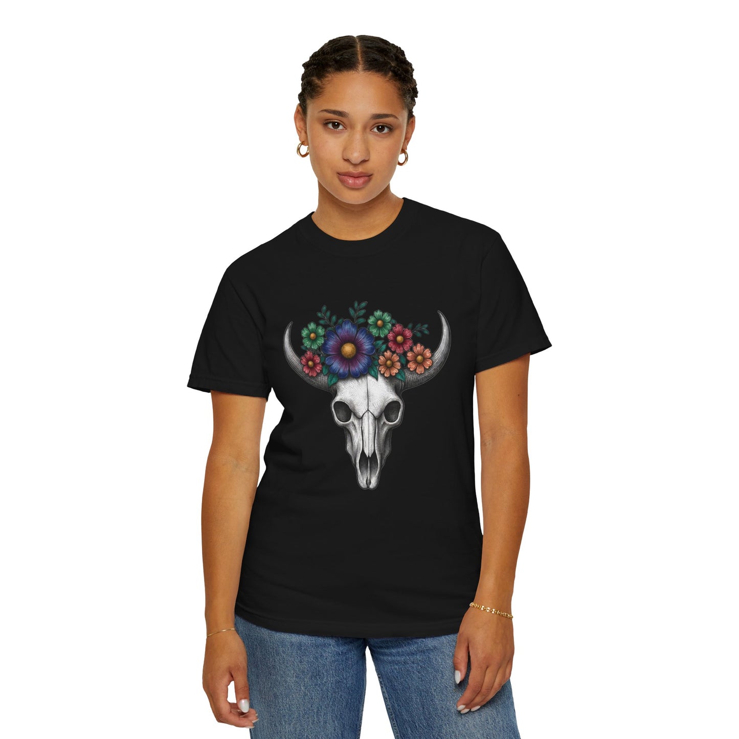 Floral Bull Skull Comfort Colors Tee | Western Boho Graphic Shir Printify