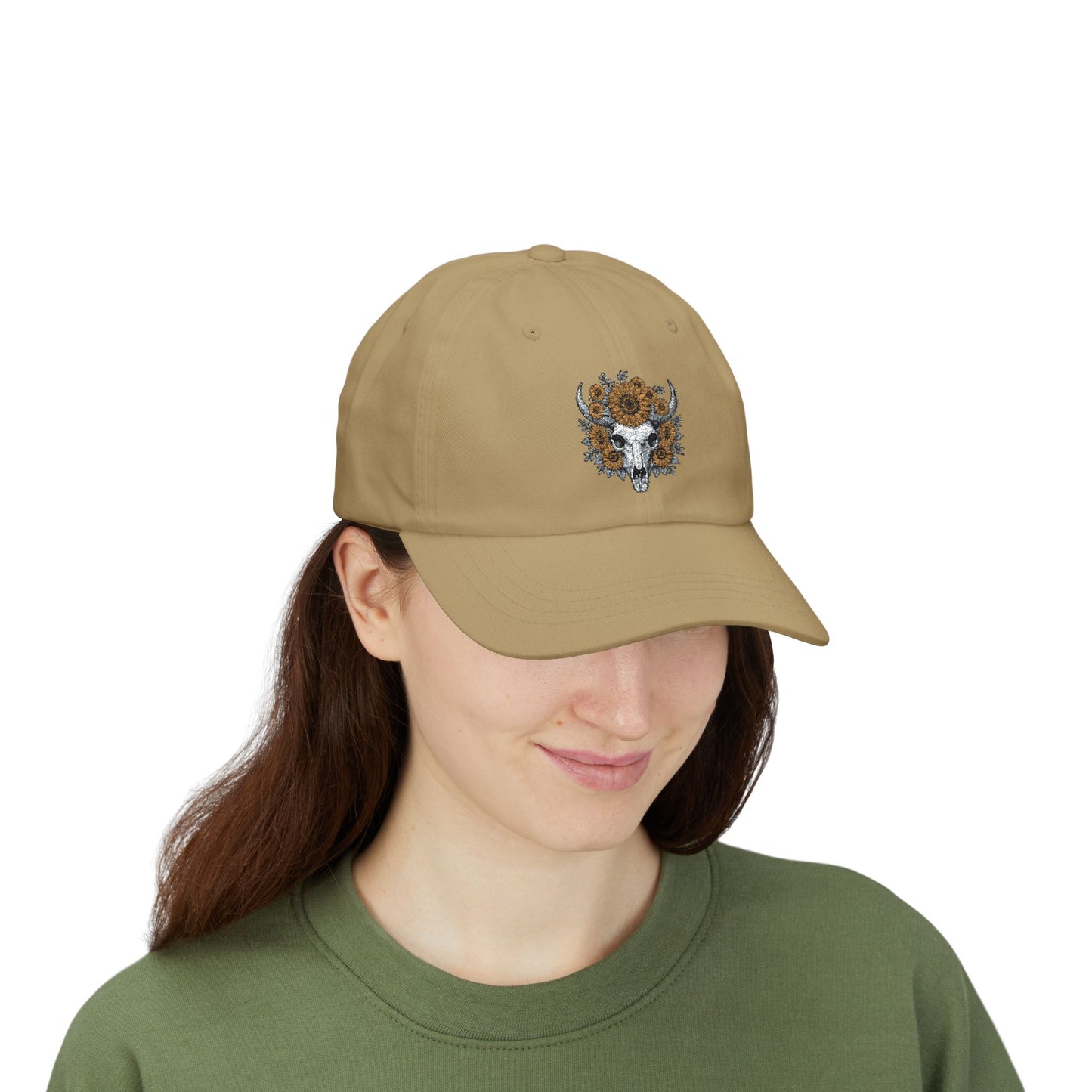 Sunflower Bull Skull Embroidered Dad Hat | Western Boho Floral Ca Printify