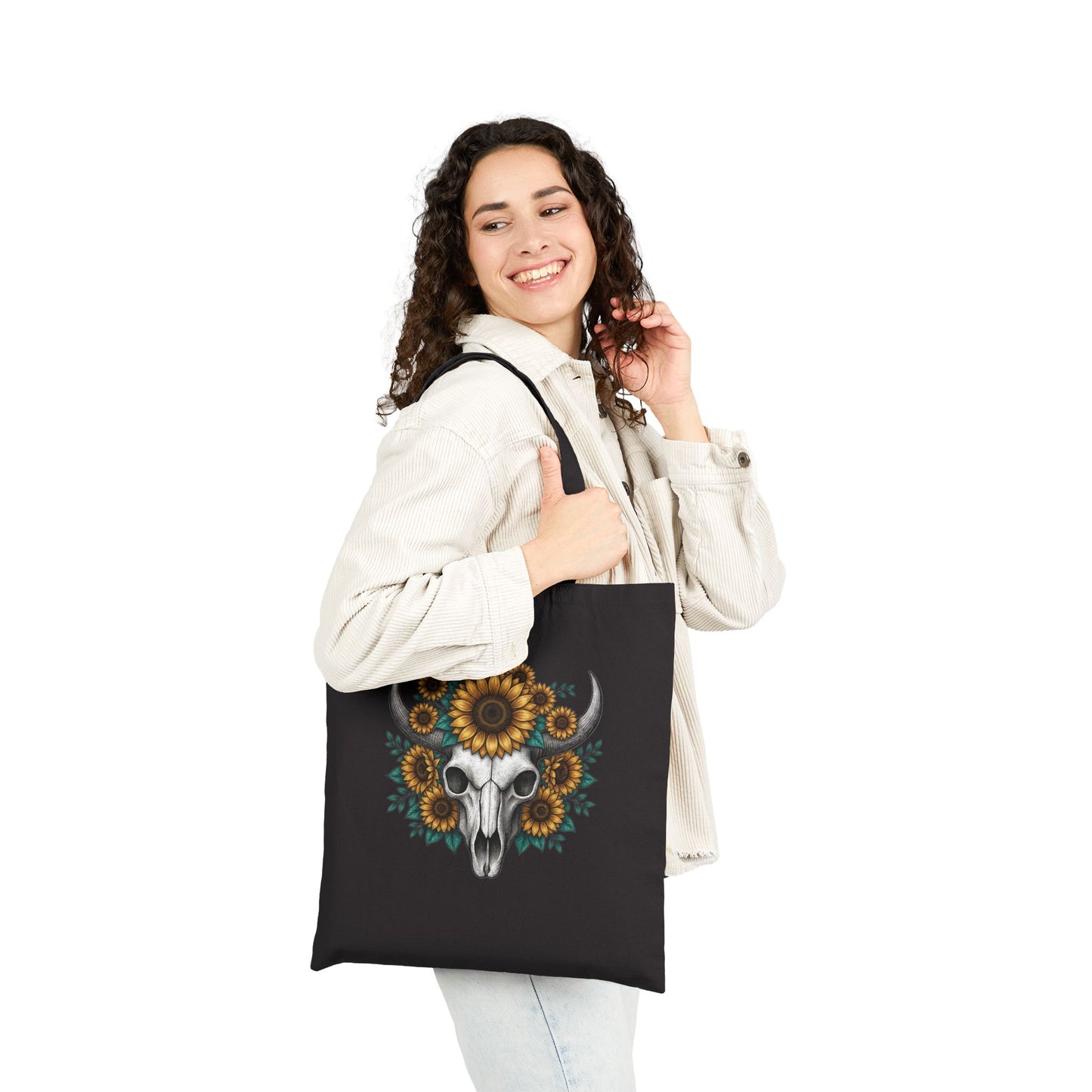 Sunflower Bull Skull Tote Bag – Western Boho Canvas Tote, Rustic Sunflower Skull Market Bag, Country Style Cotton Tote Printify