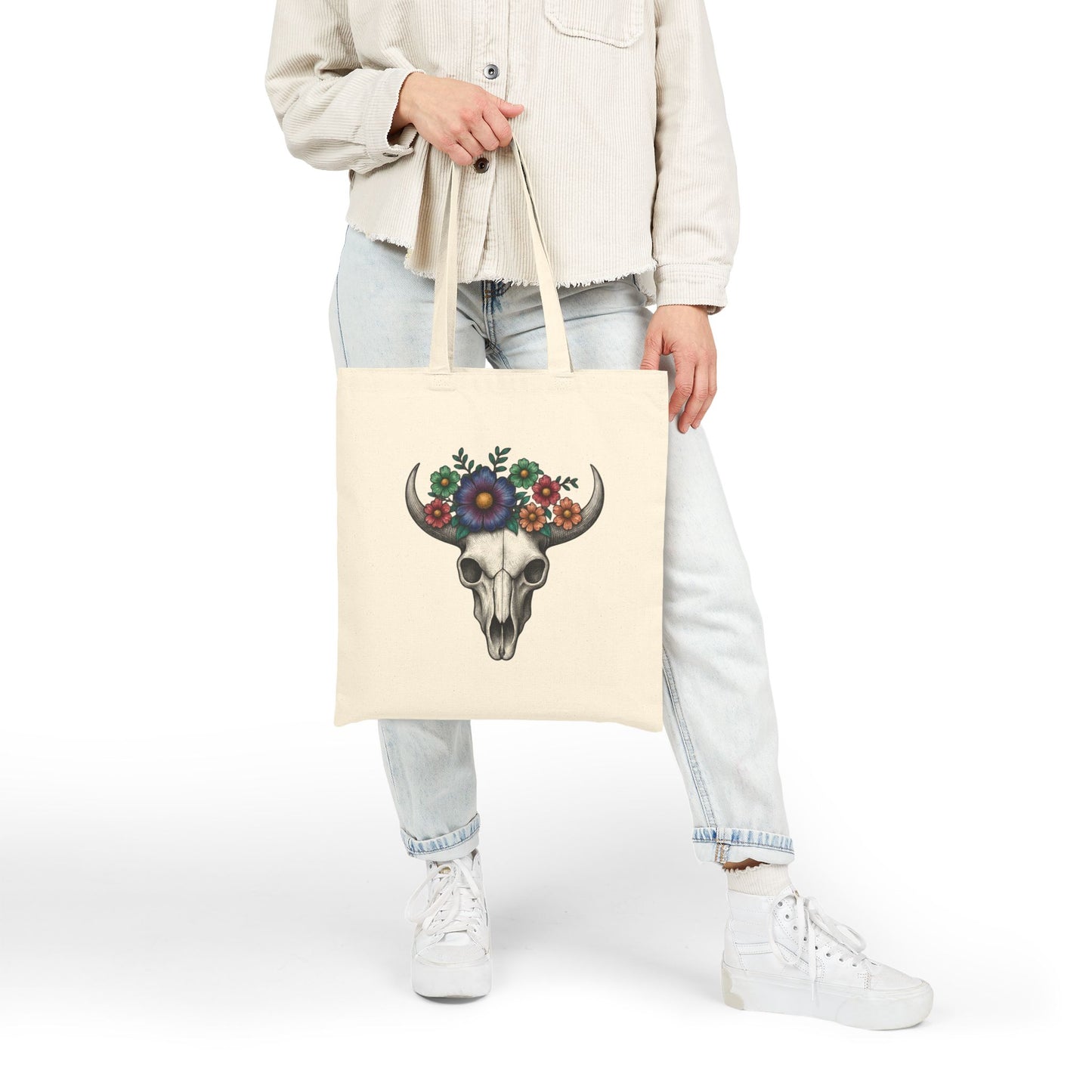 Floral Bull Skull Canvas Tote Bag | Western Boho Market Bag Printify