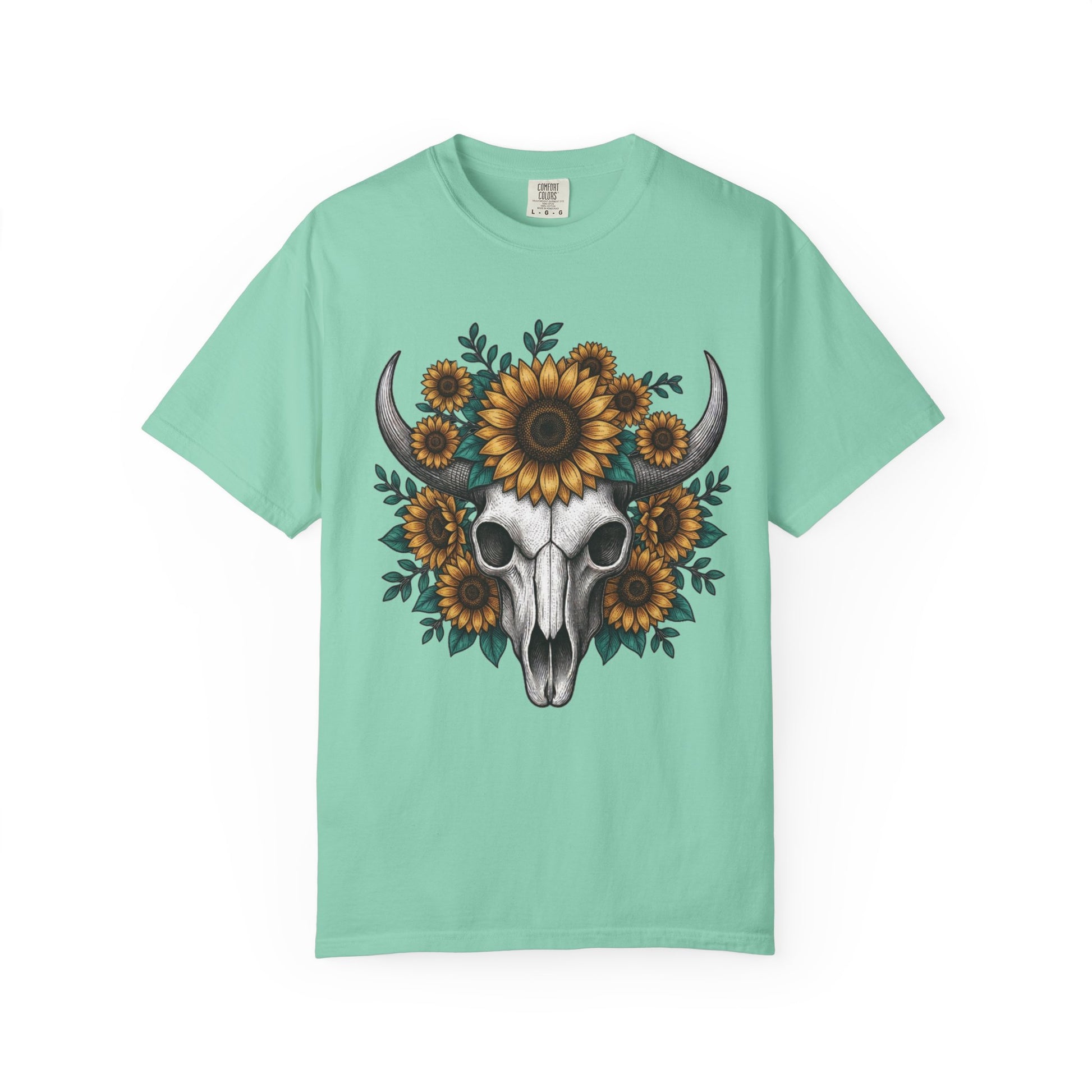 Sunflower Bull Skull Comfort Colors Tee | Western Boho Graphic Shirt Printify