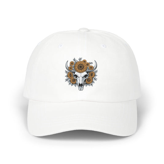 Sunflower Bull Skull Dad Hat – Western Boho Floral Skull Baseball Cap, Rustic Country Cotton Hat Printify