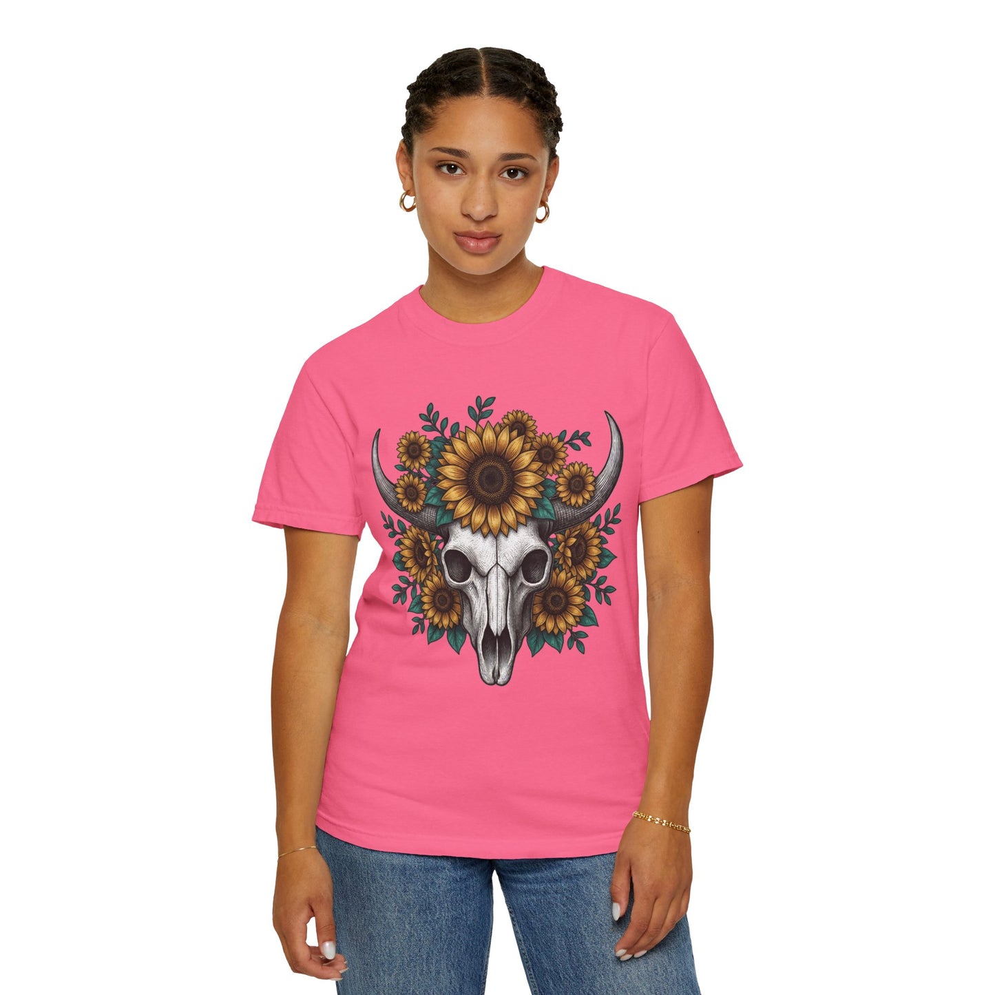 Sunflower Bull Skull Comfort Colors Tee | Western Boho Graphic Shirt Printify