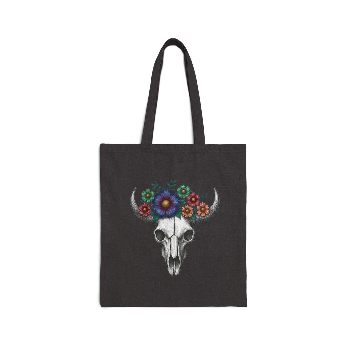 Floral Bull Skull Canvas Tote Bag | Western Boho Market Bag Printify
