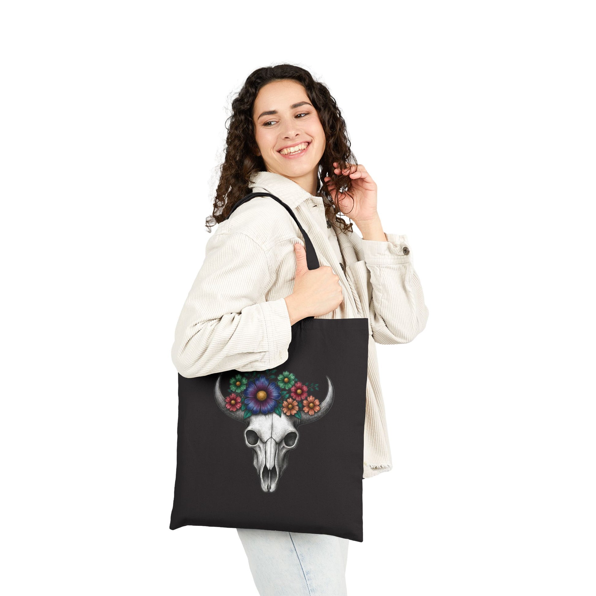 Floral Bull Skull Canvas Tote Bag | Western Boho Market Bag Printify