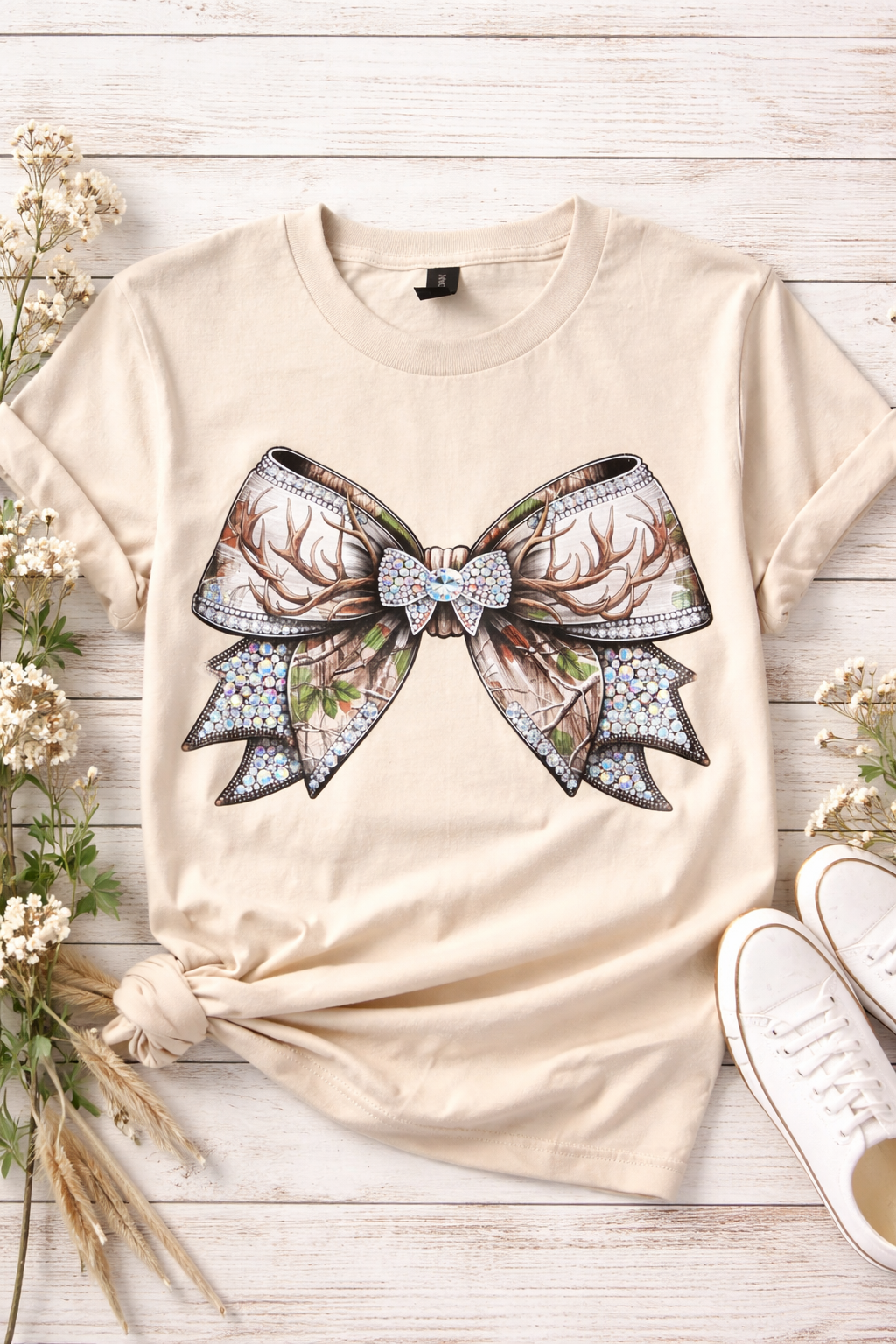 Rhinestone Camo Bow Graphic Tee for Women Boutique Shirt Western Style Cute Bow T-Shirt Yaizy Boutique