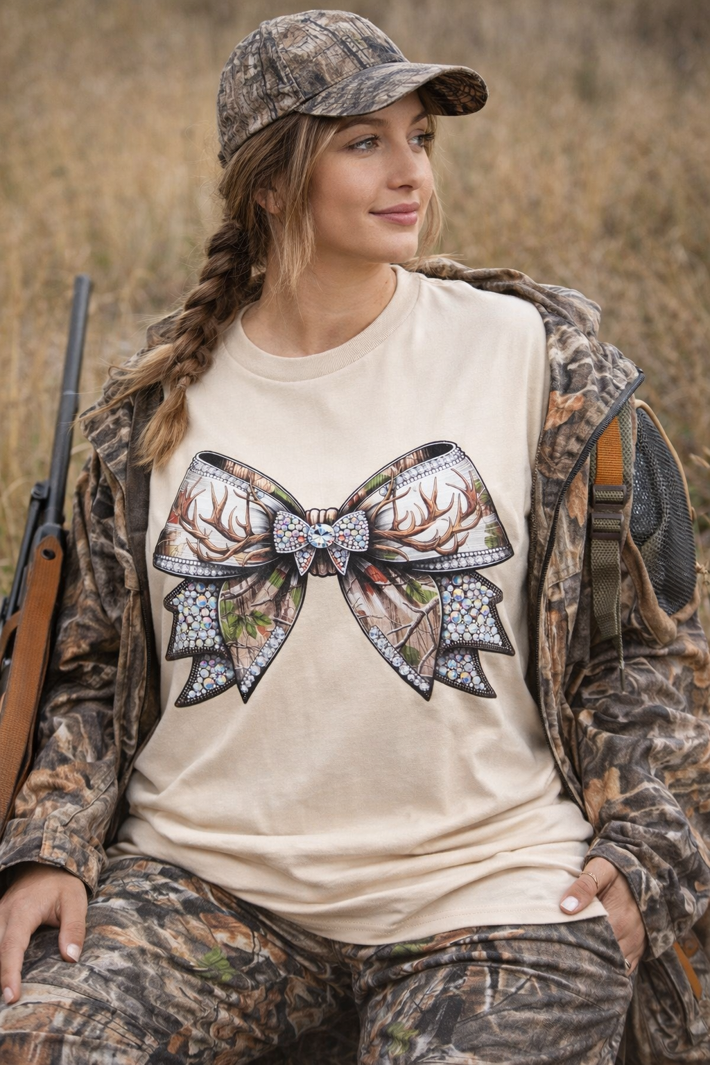 Rhinestone Camo Bow Graphic Tee for Women Boutique Shirt Western Style Cute Bow T-Shirt Yaizy Boutique
