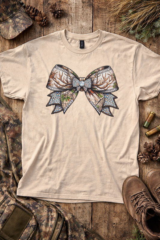 Rhinestone Camo Bow Graphic Tee for Women Boutique Shirt Western Style Cute Bow T-Shirt Yaizy Boutique
