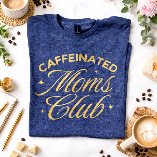 Caffeinated Moms Club Shirt – Navy Blue Screen Print Graphic Tee (Size Small) | Handmade Gildan Shirt Yaizy Boutique