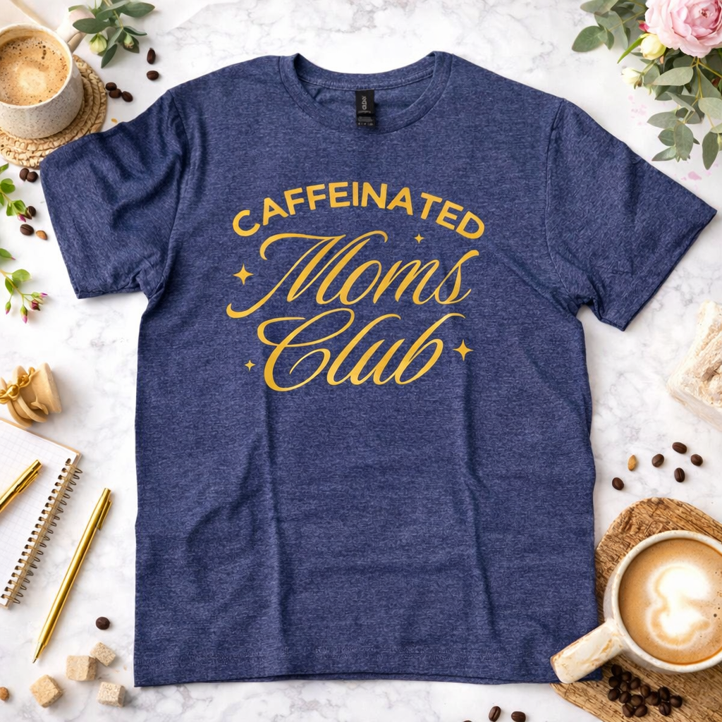 Caffeinated Moms Club Shirt – Navy Blue Screen Print Graphic Tee (Size Small) | Handmade Gildan Shirt Yaizy Boutique