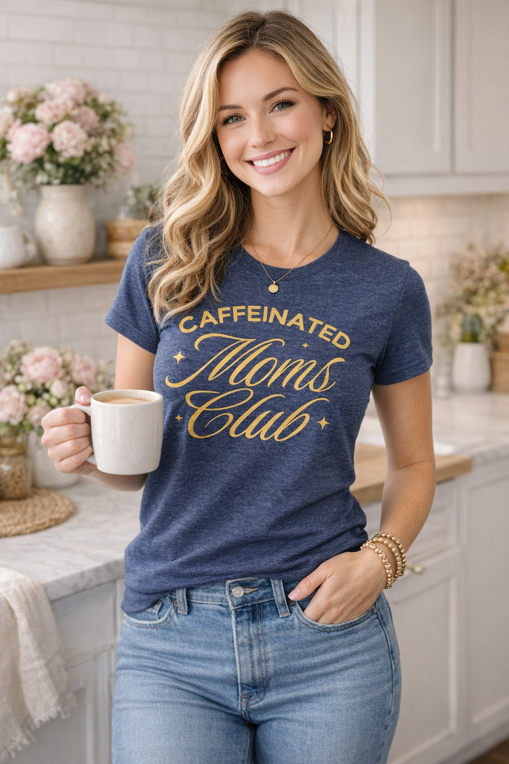 Caffeinated Moms Club Shirt – Navy Blue Screen Print Graphic Tee (Size Small) | Handmade Gildan Shirt Yaizy Boutique