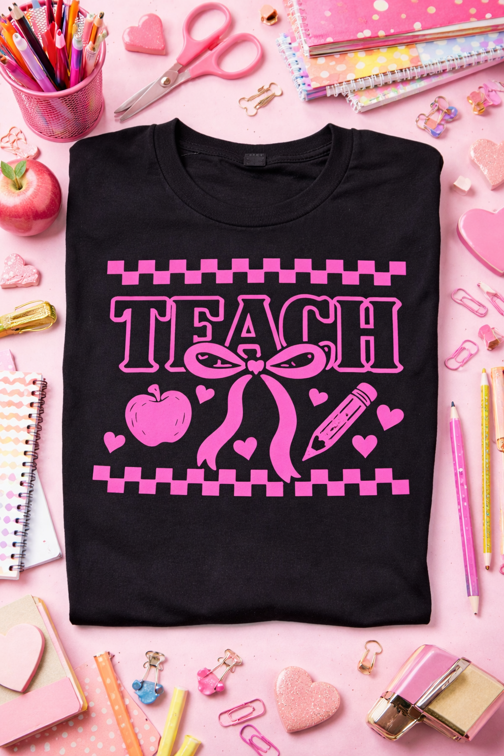 Teacher Bow Graphic Tee – Pink Teacher Shirt | Plus Size 2XL & 3XL, One of Each Yaizy Boutique