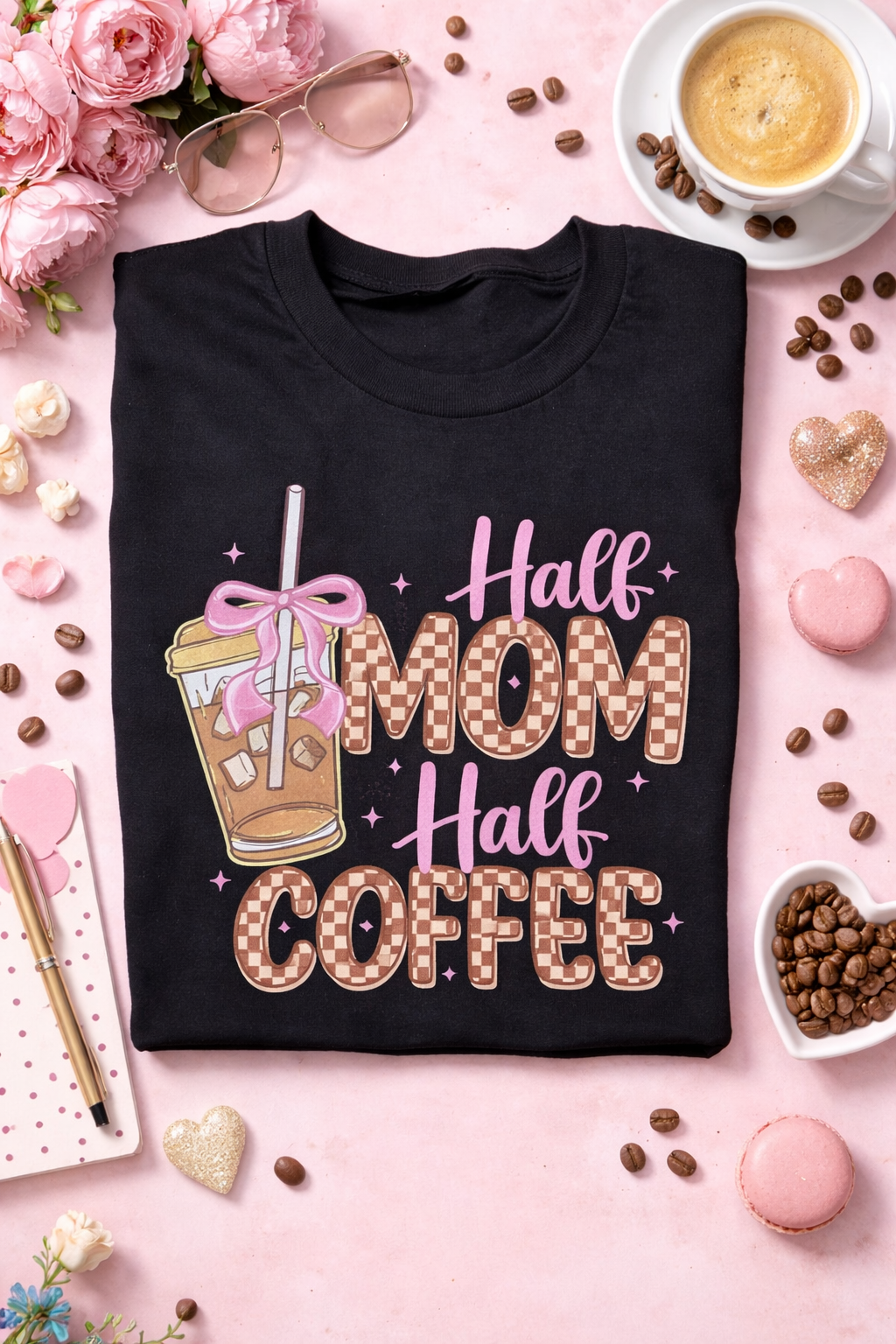 Half Mom Half Coffee Graphic Tee – Cute Coffee Lover Shirt | Size L & 3XL, One of Each Yaizy Boutique