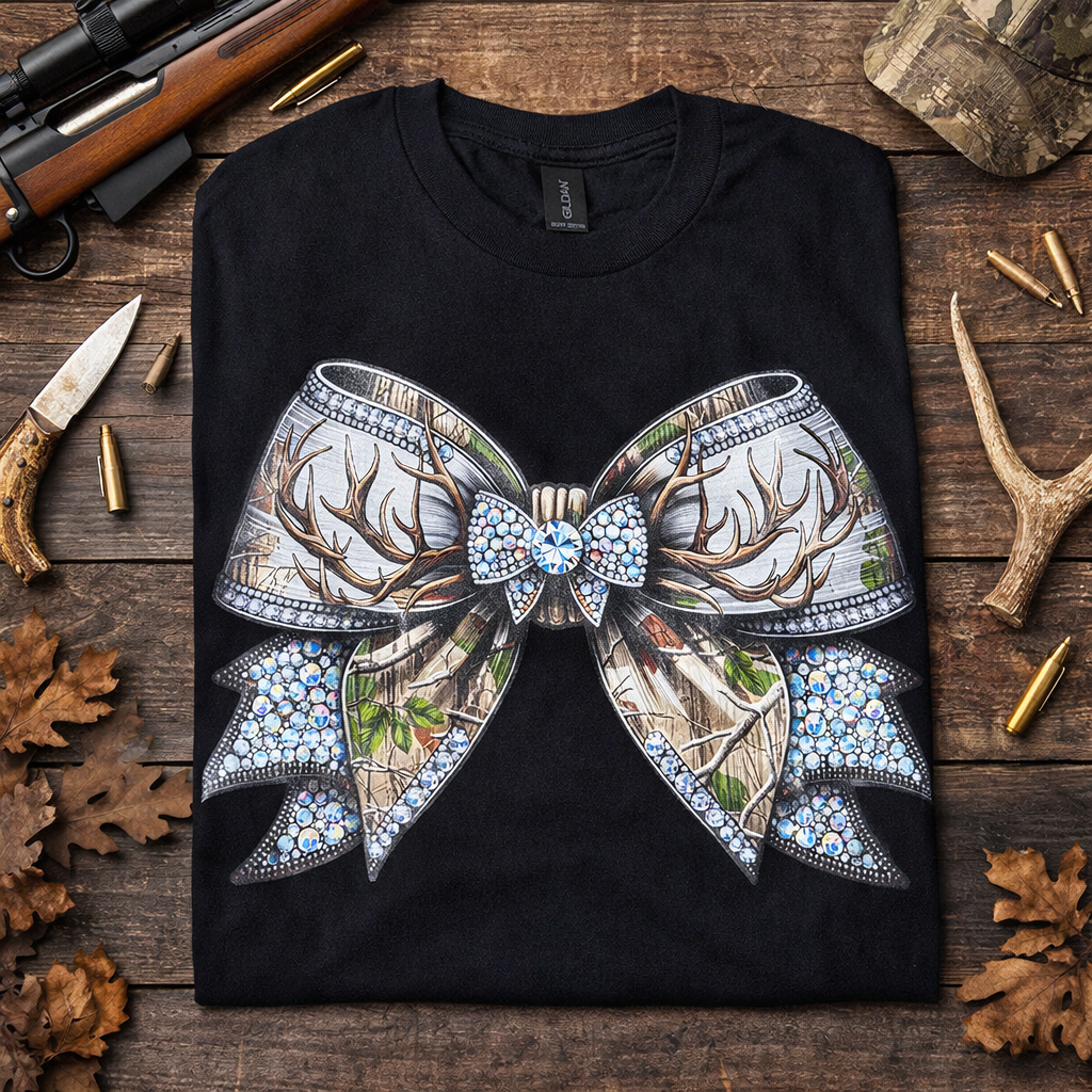 Rhinestone Camo Bow Graphic Tee for Women Boutique Shirt Western Style Cute Bow T-Shirt Yaizy Boutique