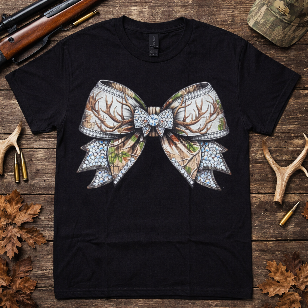 Rhinestone Camo Bow Graphic Tee for Women Boutique Shirt Western Style Cute Bow T-Shirt Yaizy Boutique