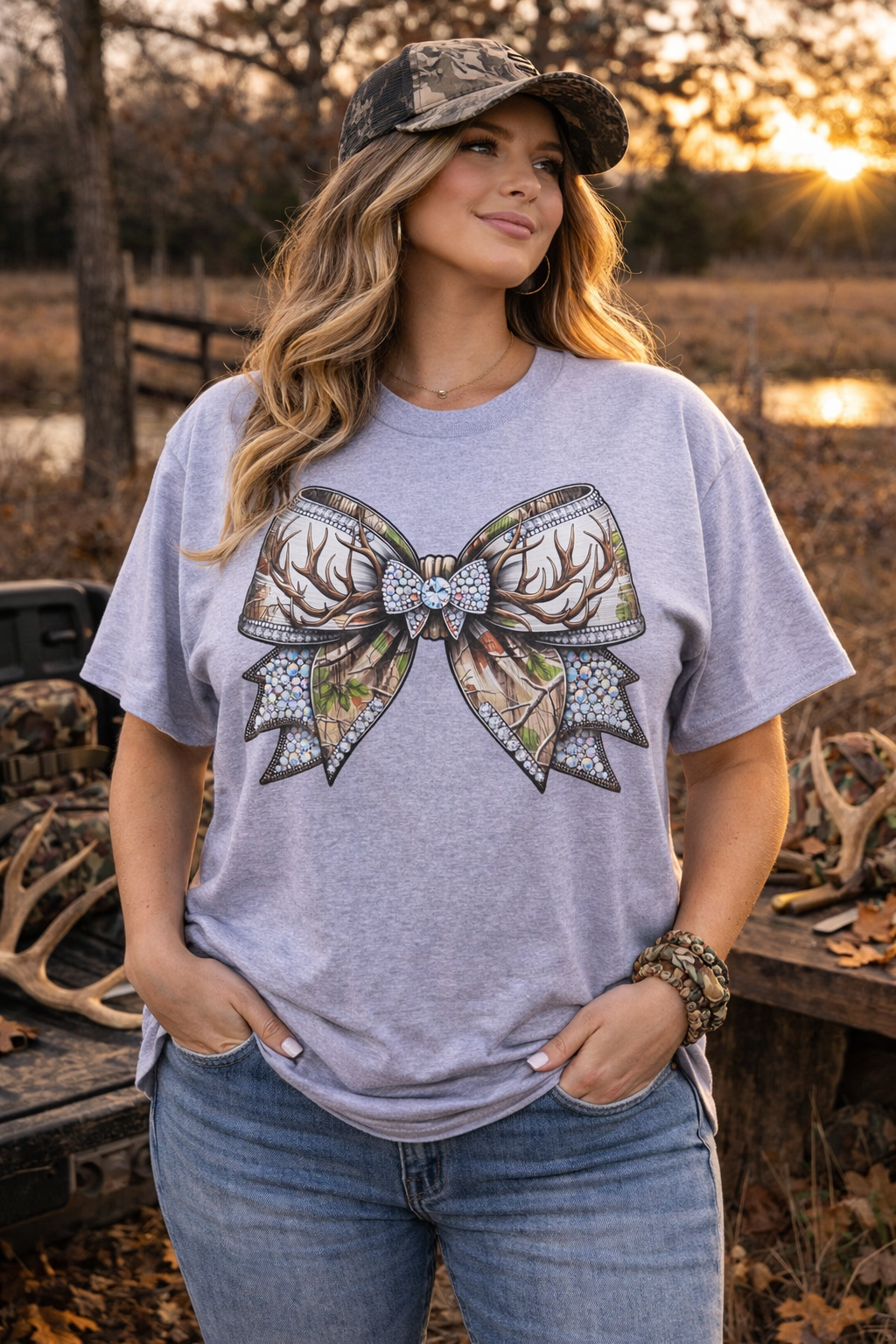 Rhinestone Camo Bow Graphic Tee for Women Boutique Shirt Western Style Cute Bow T-Shirt Yaizy Boutique
