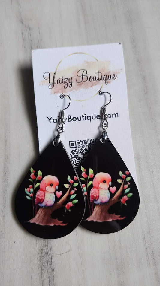 Pink Baby Bird Sitting on Tree, Handmade Earrings