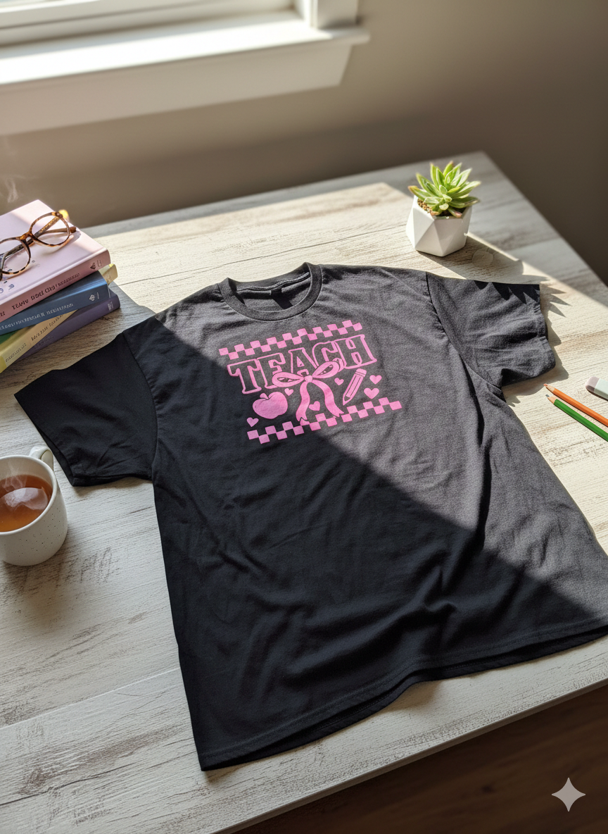 Teacher Bow Graphic Tee – Pink Teacher Shirt | Plus Size 2XL & 3XL, One of Each Yaizy Boutique