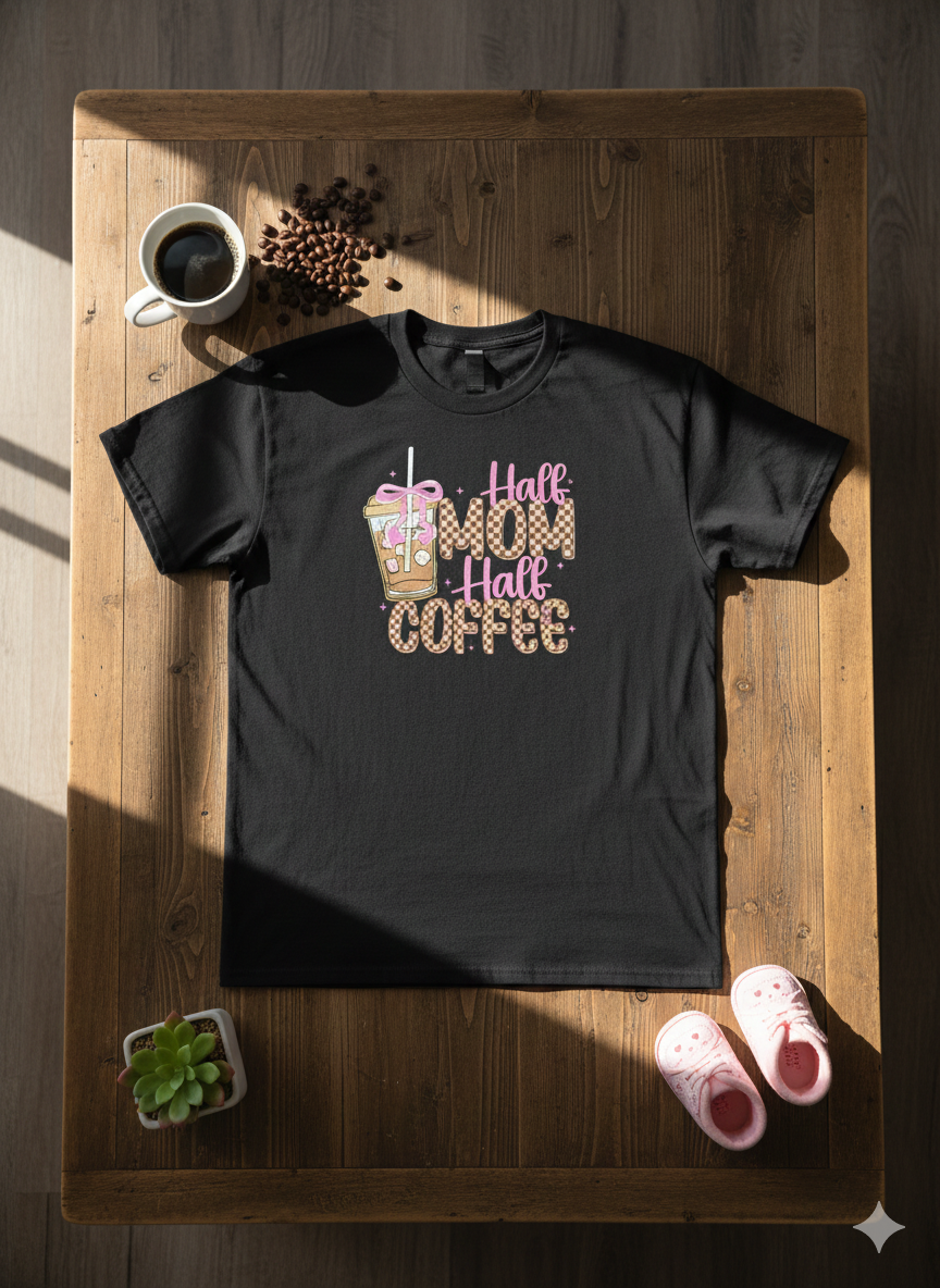 Half Mom Half Coffee Graphic Tee – Cute Coffee Lover Shirt | Size L & 3XL, One of Each Yaizy Boutique