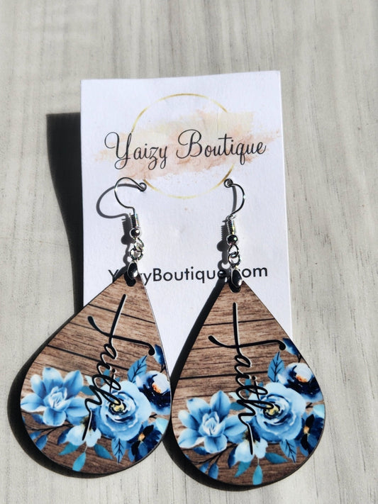 Blue Flowers and Wood, Handmade Faith Earrings - Yaizy Boutique