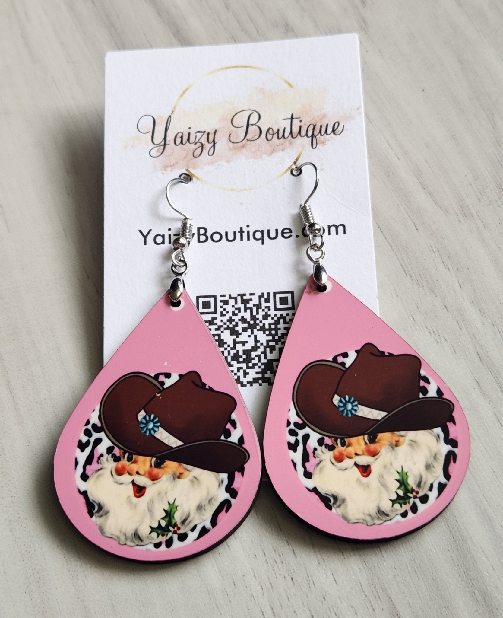 Cowboy Santa with Pink and Animal Print Handmade Earrings - Yaizy Boutique