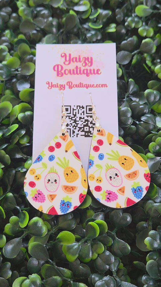 Handmade Fruit Teardrop Earrings – Kawaii Summer Fruit Design – Lightweight MDF Wood Jewelry