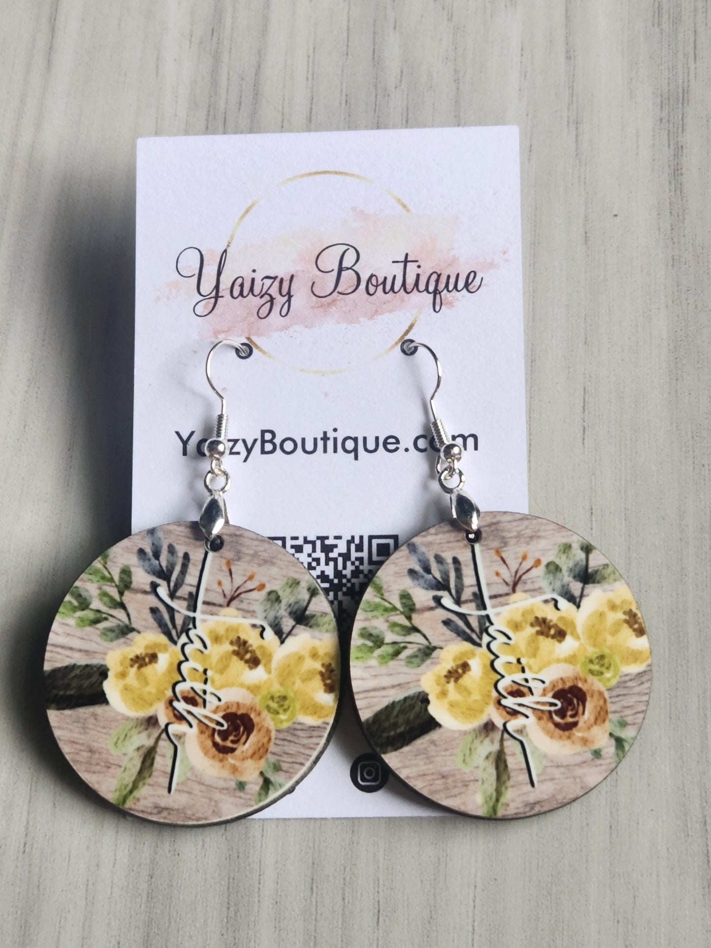 Yellow Flowers on Wood, Handmade  Faith Earrings