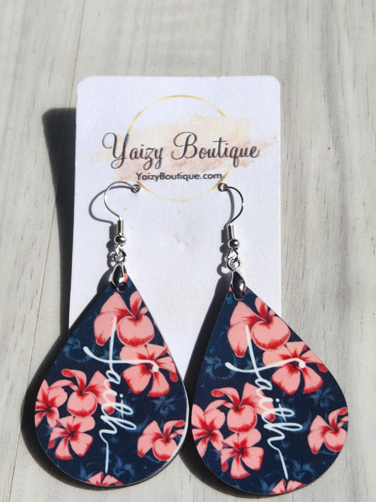 Pink Plumeria Flowers,  Blue Background Faith Handmade Earrings.