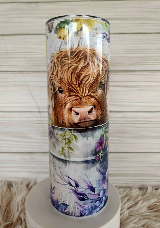 Highland Cow in Bucket of Flowers 20 oz Tumbler - Charming Drinkware